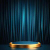 Gold podium with blue curtain background photo