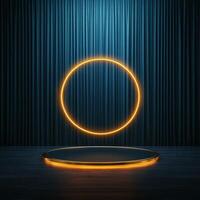 A neon ring on a stage with a curtain photo