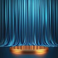 Golden podium with blue curtain background photo