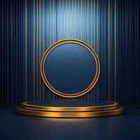 Gold podium with blue background and a round circle photo