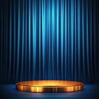 Golden podium on stage with blue curtain photo