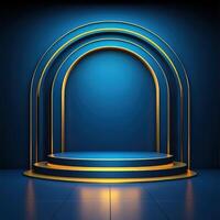 An empty stage with a blue background and a golden arch photo