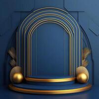 Golden stage with a golden arch and a blue wall photo