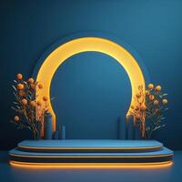 3d rendering of a stage with flowers and a circle photo