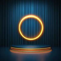 A neon ring on a stage with a spotlight photo