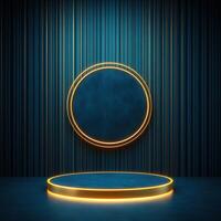 Round stage with neon lights and blue background photo