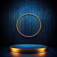 Gold podium with a blue background and a golden circle photo