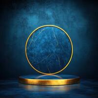 Golden round on pedestal with blue marble background photo