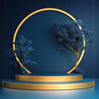 3d rendering of a stage with a tree in a gold circle photo