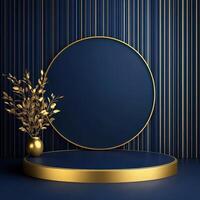 Golden round round podium with vase on blue background 3d rendering photo
