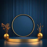 Golden round podium with flowers and vases on blue background photo