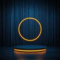 A neon ring on a stage with a blue curtain photo