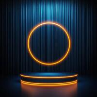 Neon circle on stage with blue curtain photo