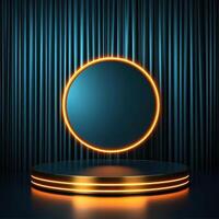 Round stage with neon lights and a round table photo