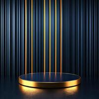 Gold podium with neon lights on the wall photo