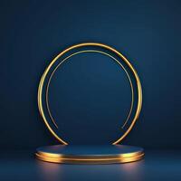 Golden circle on a pedestal with a blue background photo