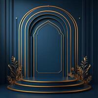 An arabic style stage with gold decorations and a golden arch photo