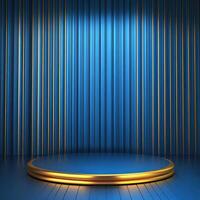 A blue stage with a gold podium photo