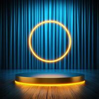 Golden ring on stage with blue curtain photo