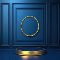 Gold round podium with blue wall background photo