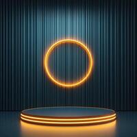 An empty stage with neon lights and a round circle photo