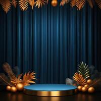 Christmas background with blue curtain and gold decorations photo