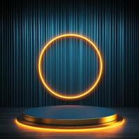 3d rendering of a podium with a neon ring on it photo