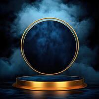 Golden round podium with smoke and clouds on dark background photo