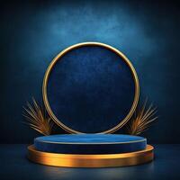 Golden podium with blue velvet background and gold frame photo