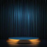 Stage with blue curtain and stage with podium photo