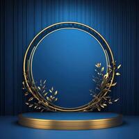 Golden round podium with leaves on blue background photo