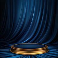 Gold podium with blue curtain background photo