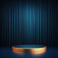 A podium with a blue curtain in the background photo
