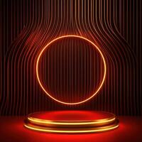 Neon lights on a podium with a circle in the middle photo