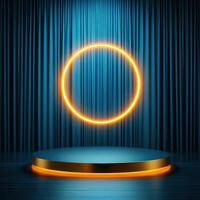 A neon ring on a stage with a curtain photo