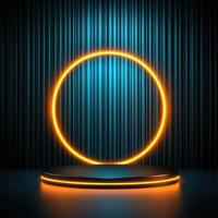 Neon glowing circle on a stand with a dark background photo