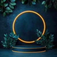Neon circle with leaves on a dark background photo