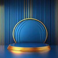 Gold podium with blue background and gold stripes photo