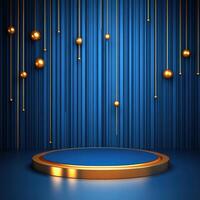 Golden podium with blue curtain background photo