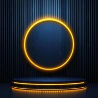 A neon circle on a stage with a black background photo