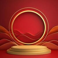 Golden podium with a circular frame on a red background photo