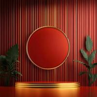 Red and gold background with a round mirror and plants photo