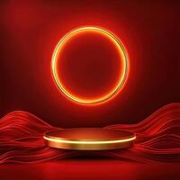 Red background with a round table and a gold ring photo