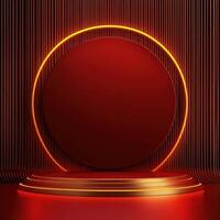 Red neon lights on a podium with a round table photo