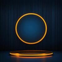 3d rendering of a neon circle on a podium photo