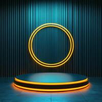 3d rendering of neon ring on stage with neon lights photo