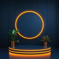 Round neon circle on a black background with plants and potted plants photo