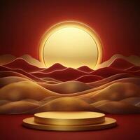 Golden podium with a sunset in the background photo