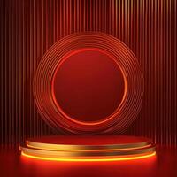Red and gold podium with neon lights and a round circle photo