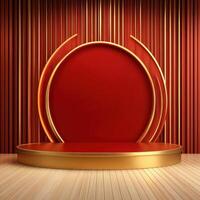 Red podium with gold frame and red wall photo